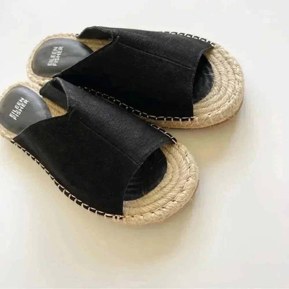 Eileen Fisher Milly Tumbled Nubuck Espadrille Black Sandal Size 7